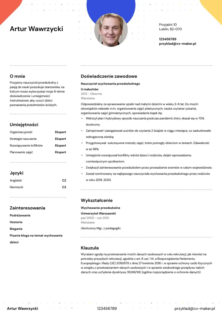 Wzór CV dla nauczyciela wychowania przedszkolnego