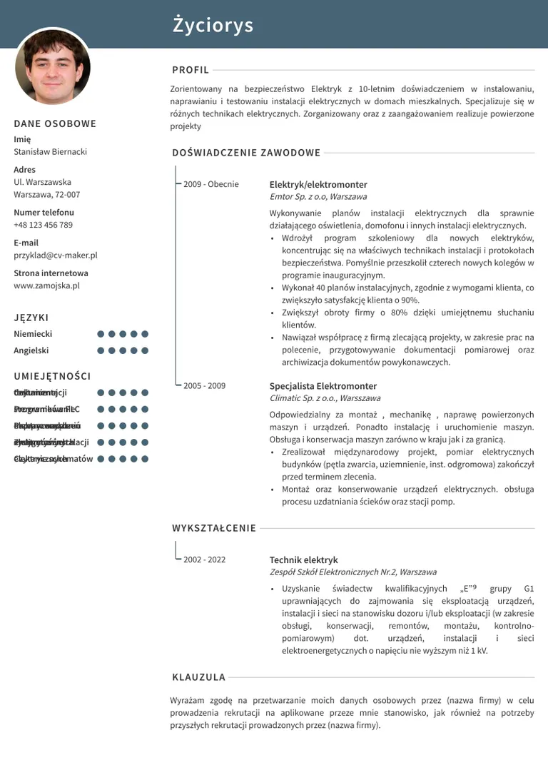 Przykładowy wzór CV elektryk