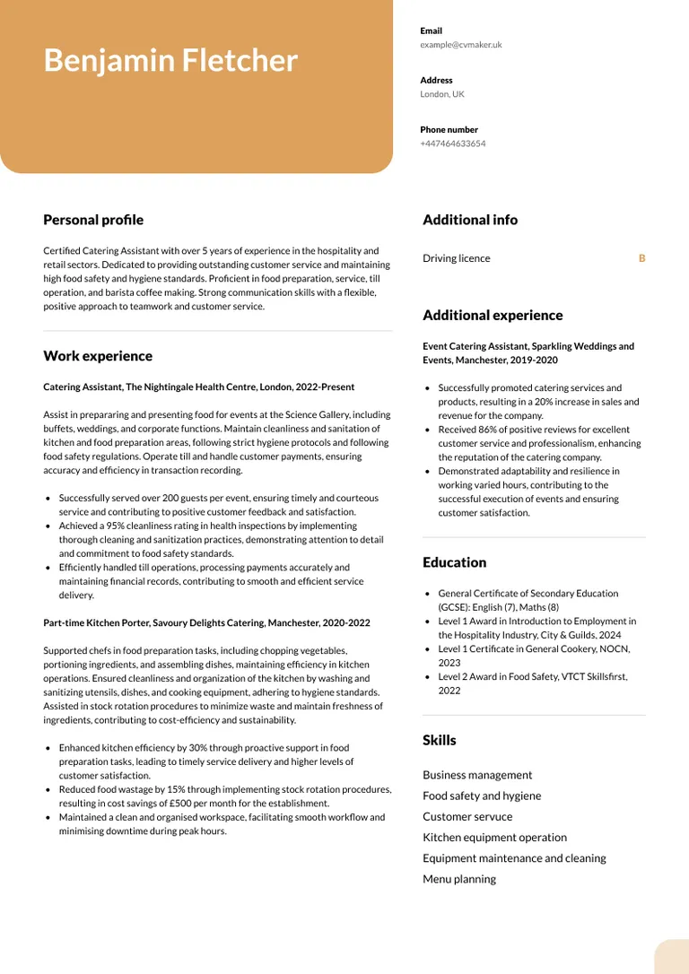 Catering assistant CV sample