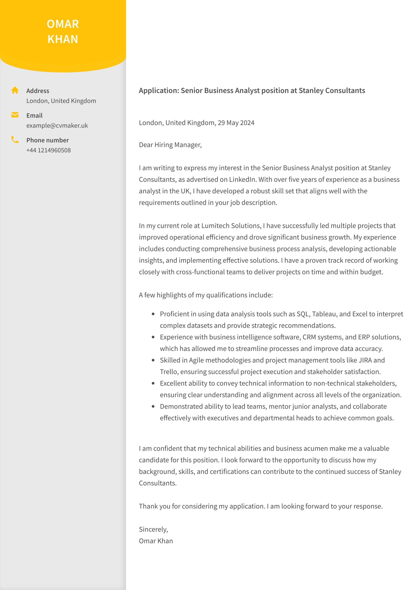 Business Analyst Cover Letter