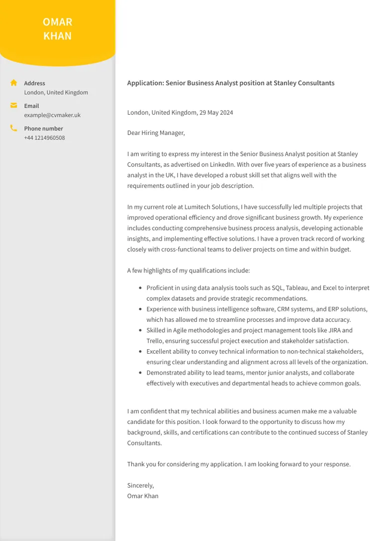 business analyst cover letter example