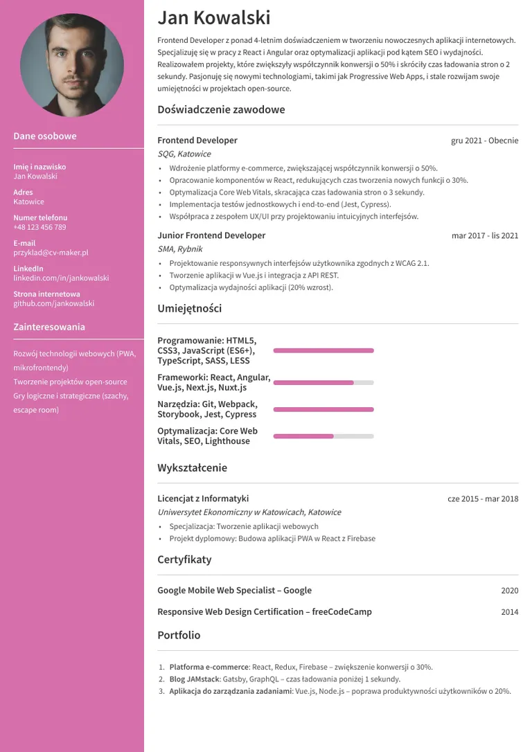 Przykład CV Frontend Developera