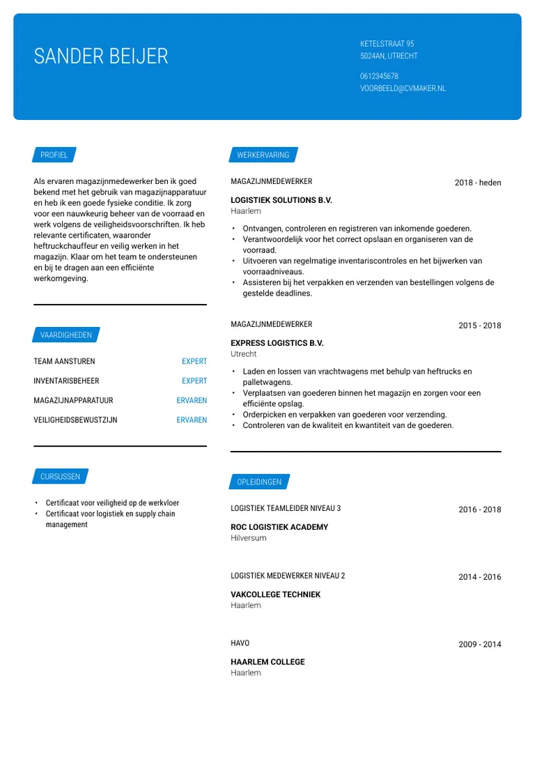 cv voorbeeld magazijnmedewerker