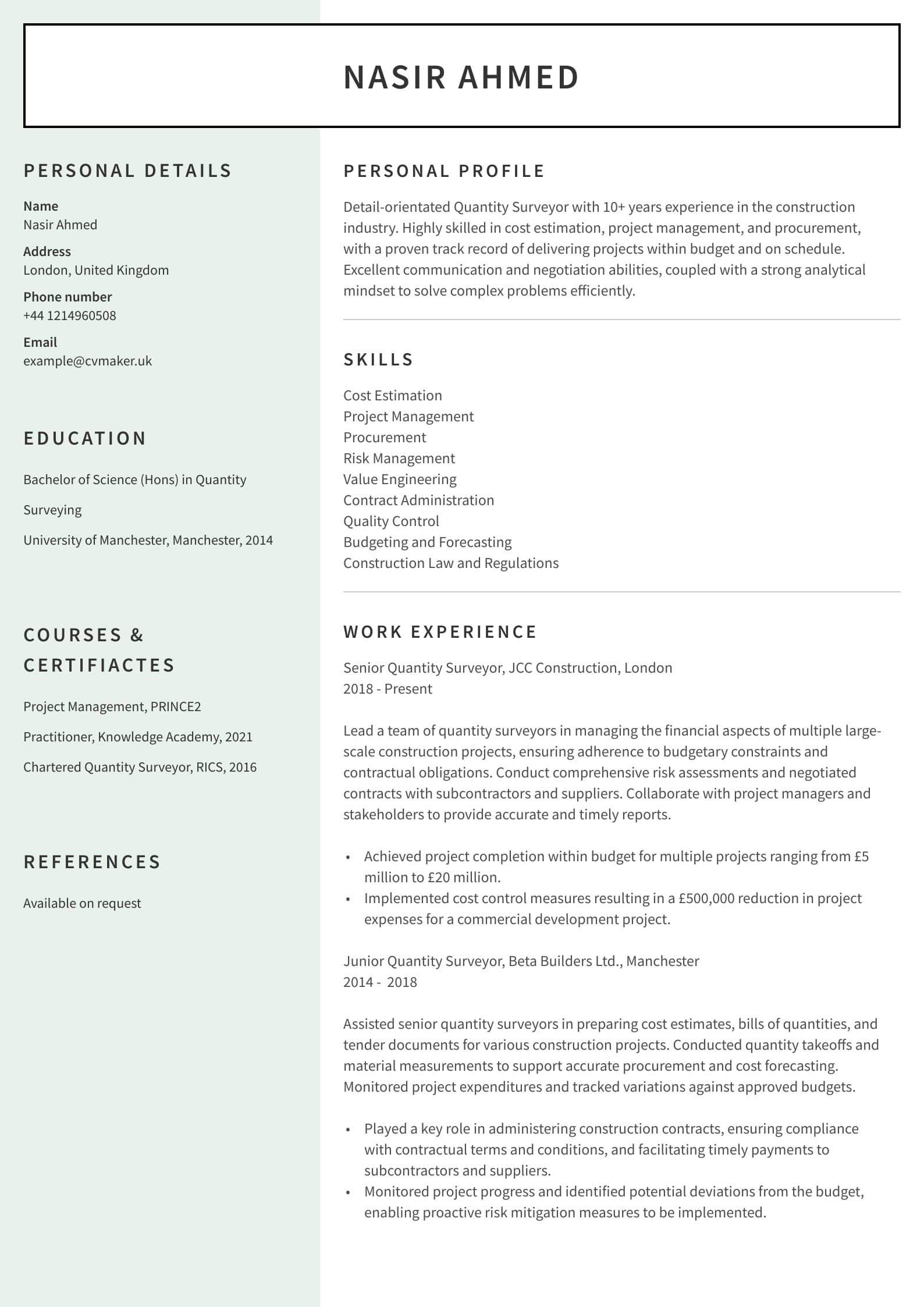 Quantity Surveyor CV