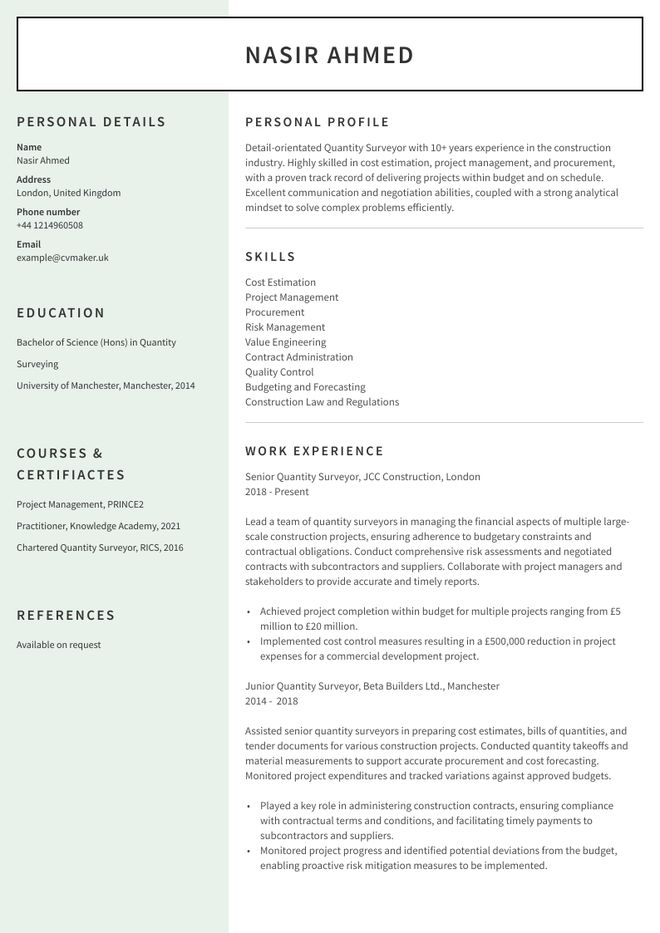 Quantity Surveyor CV sample