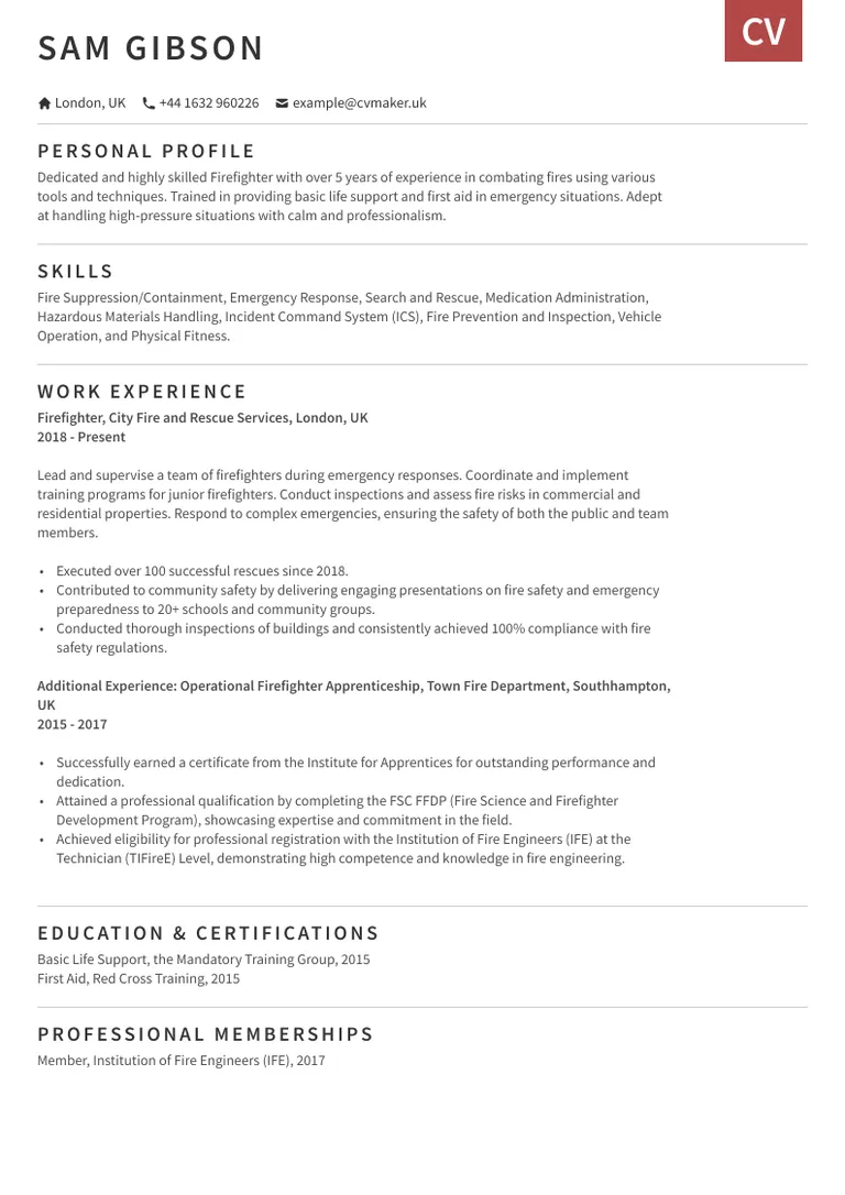 Firefighter CV sample