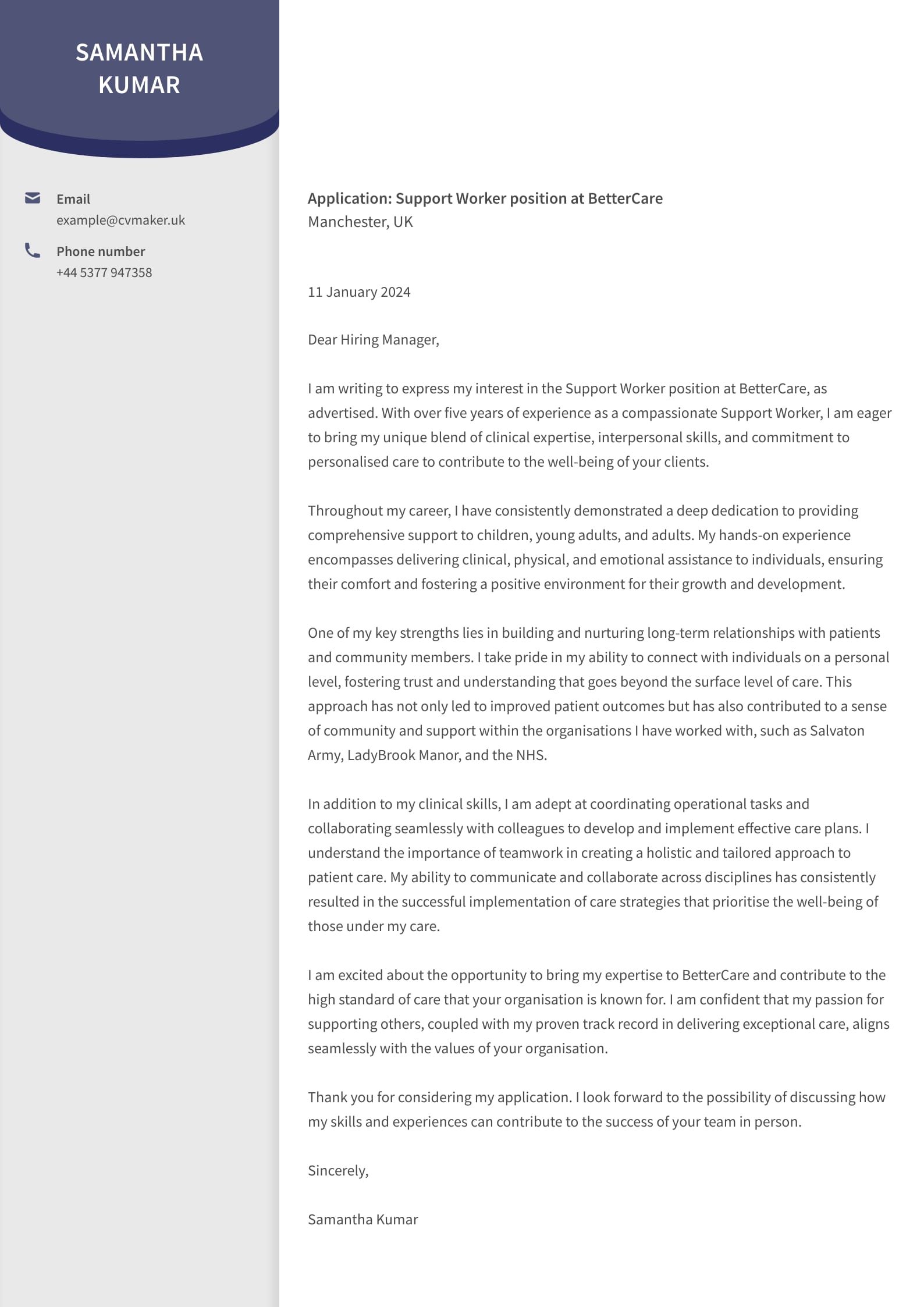 Support Worker Cover Letter