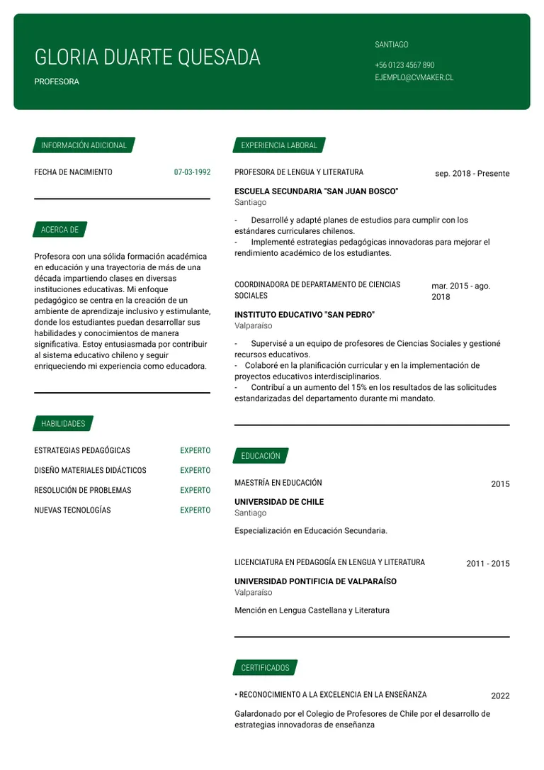 Ejemplo currículum vitae cronológico - Profesora
