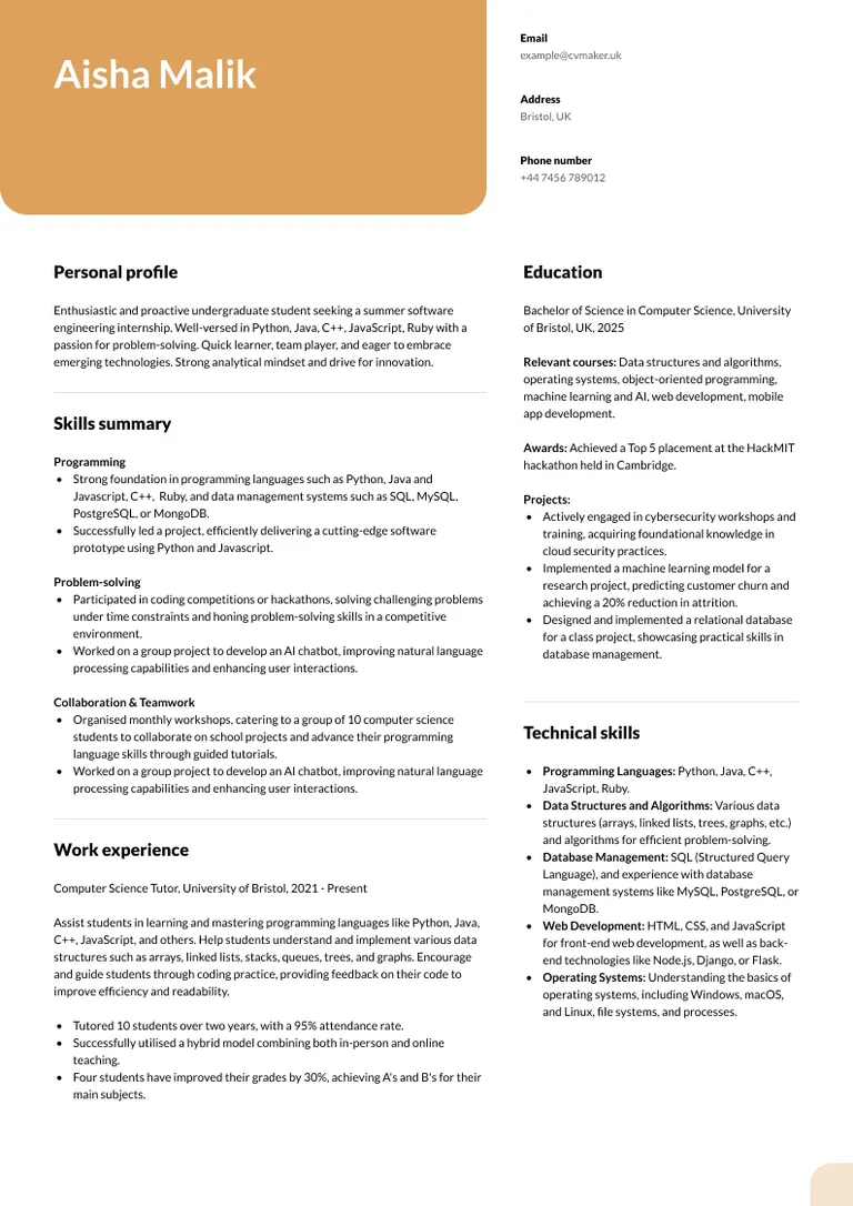 Undergraduate CV sample