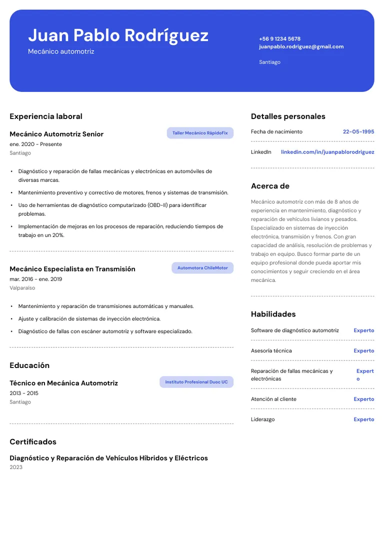 Modelo de curriculum vitae mecanico automotriz