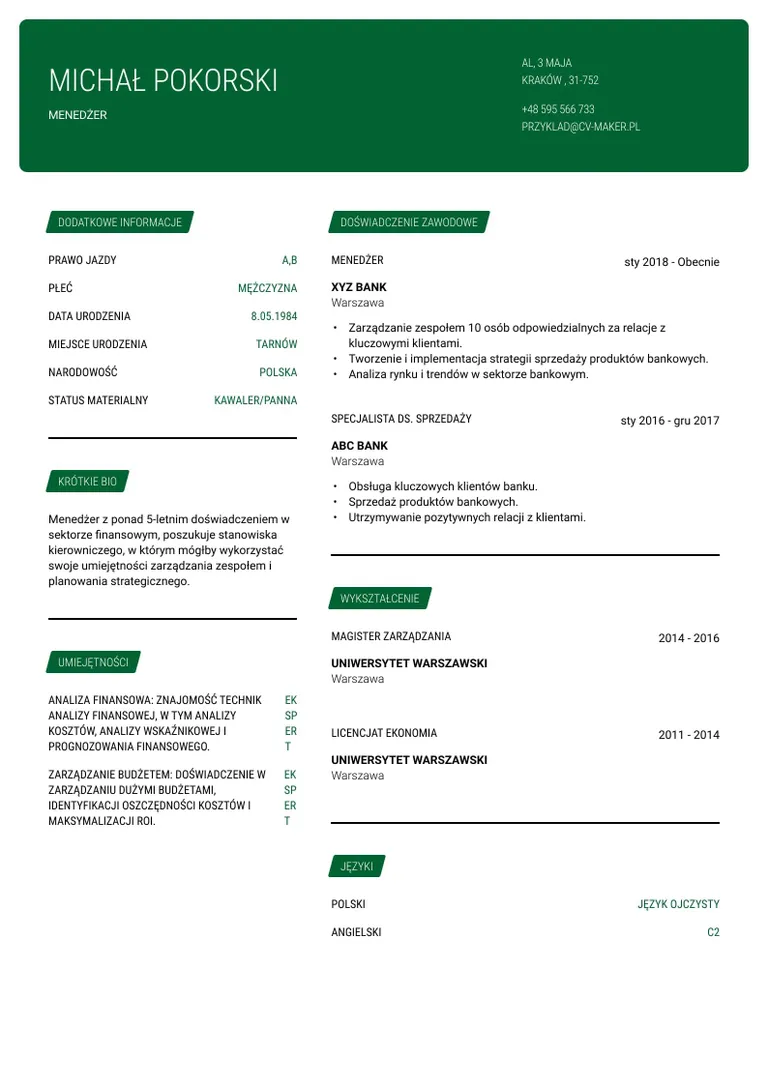 Format klasyczny - przykład CV