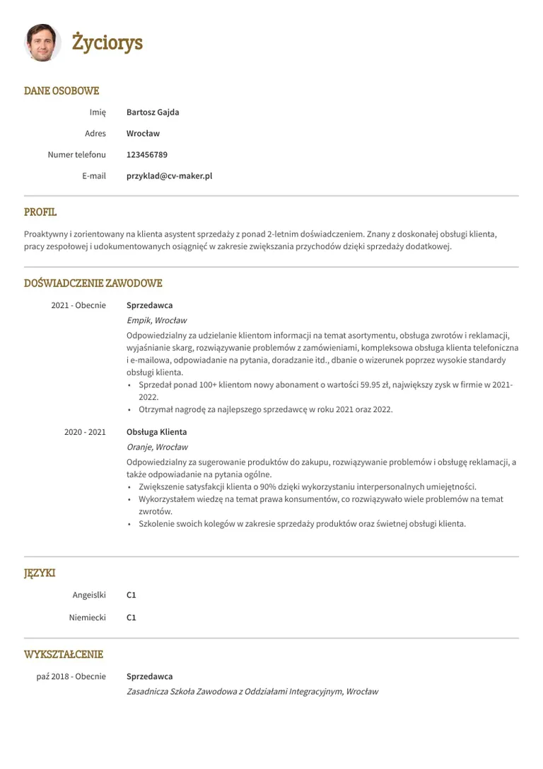 Przykładowe CV sprzedawcy