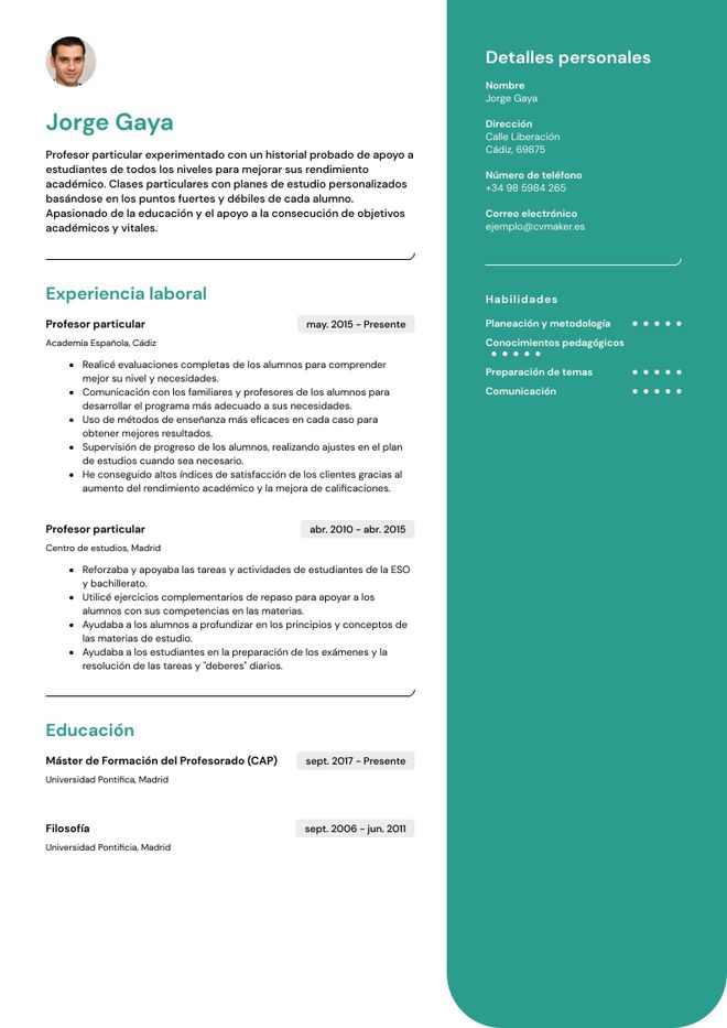 ejemplo de currículum de profesor