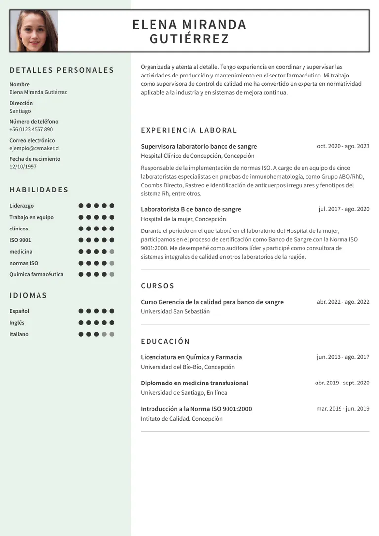 Curriculum vitae de un quimico farmaceutico ejemplo