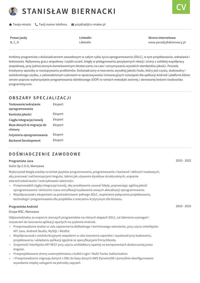 Przykładowy wzór CV dla programisty