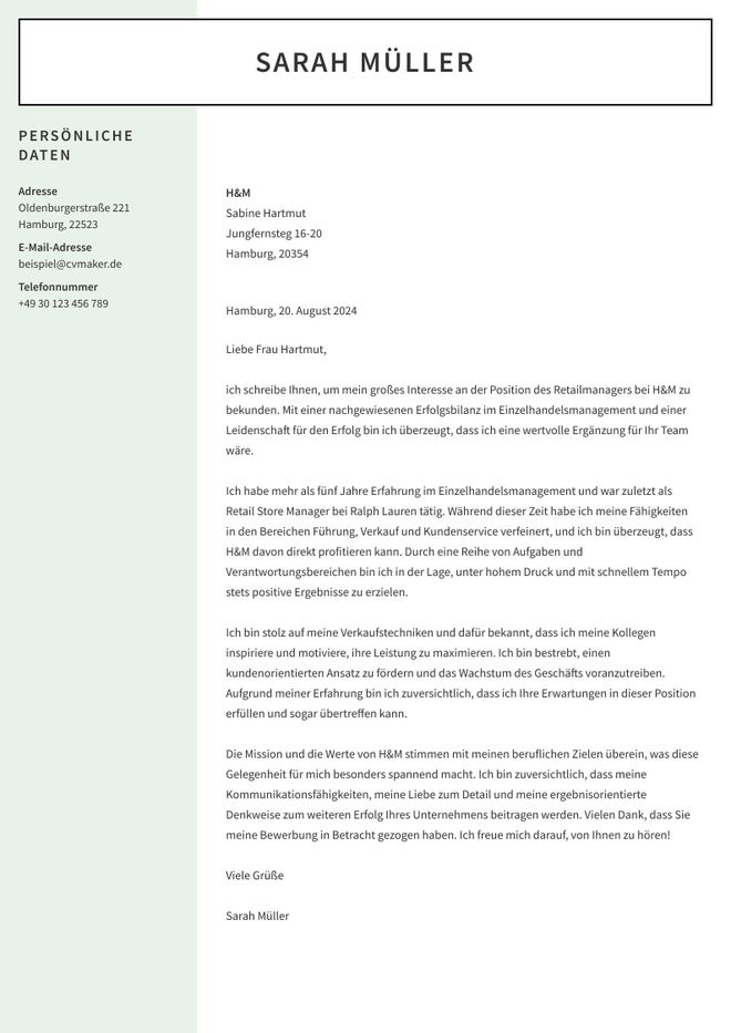 Beispiel Anschreiben Bewerbung Einzelhandel