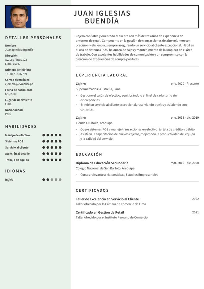 cv ejemplo para cajero
