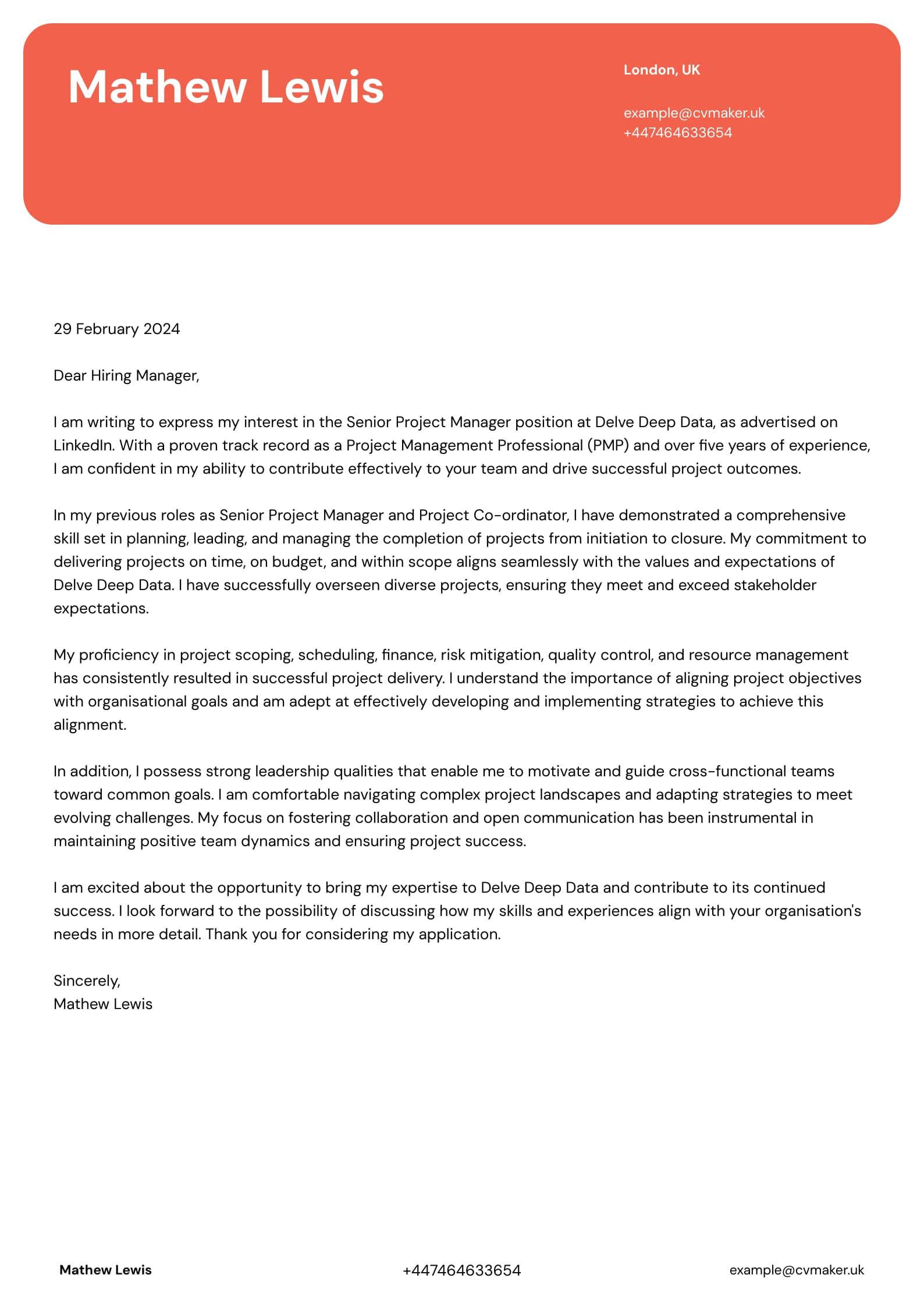 Project Manager Cover Letter