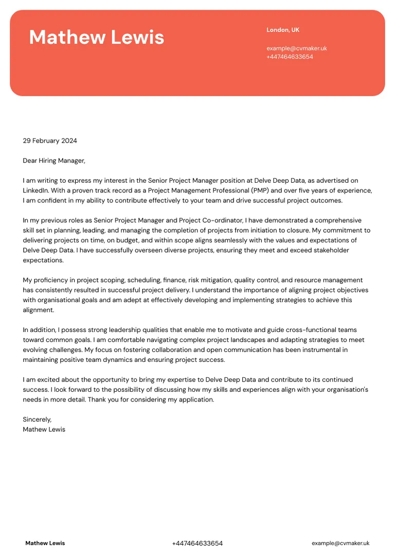 Project manager cover letter