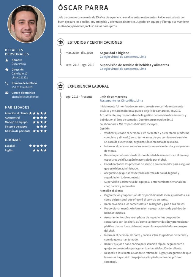 CV para camarero