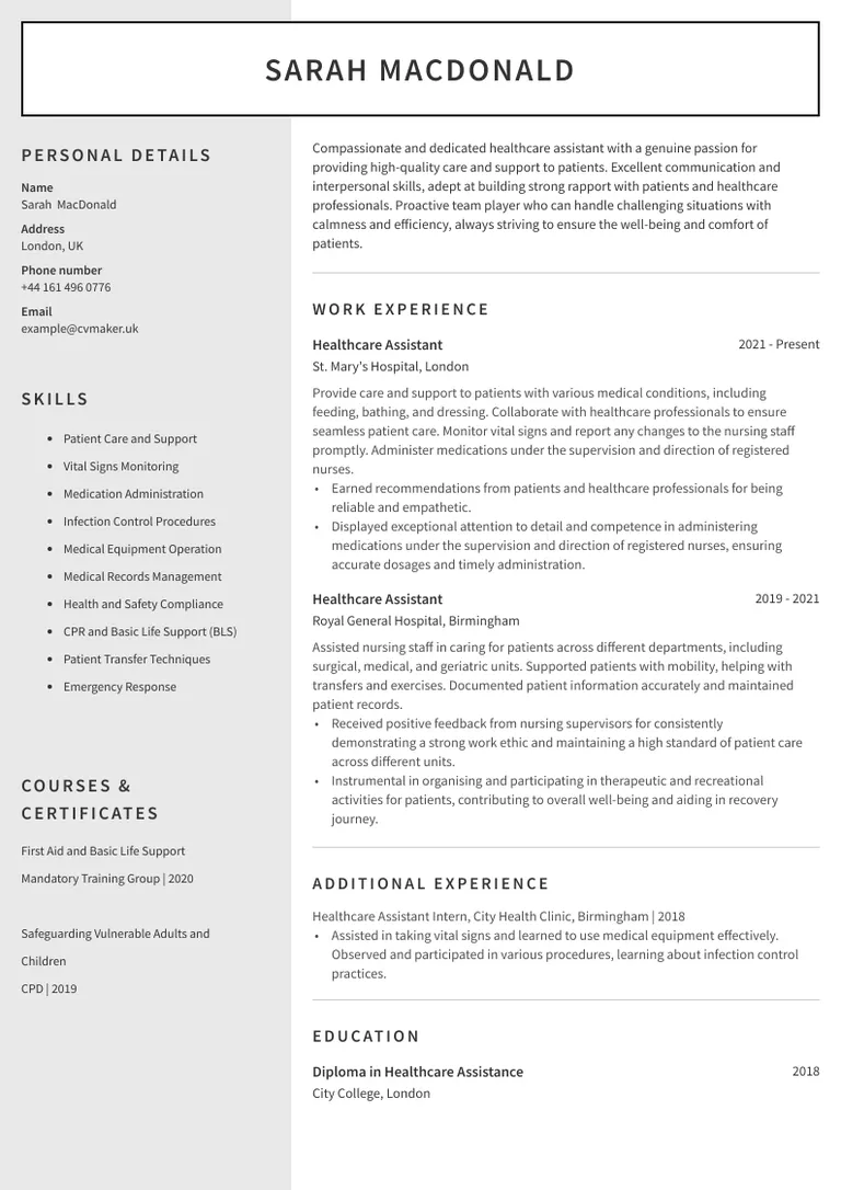 Healthcare CV sample