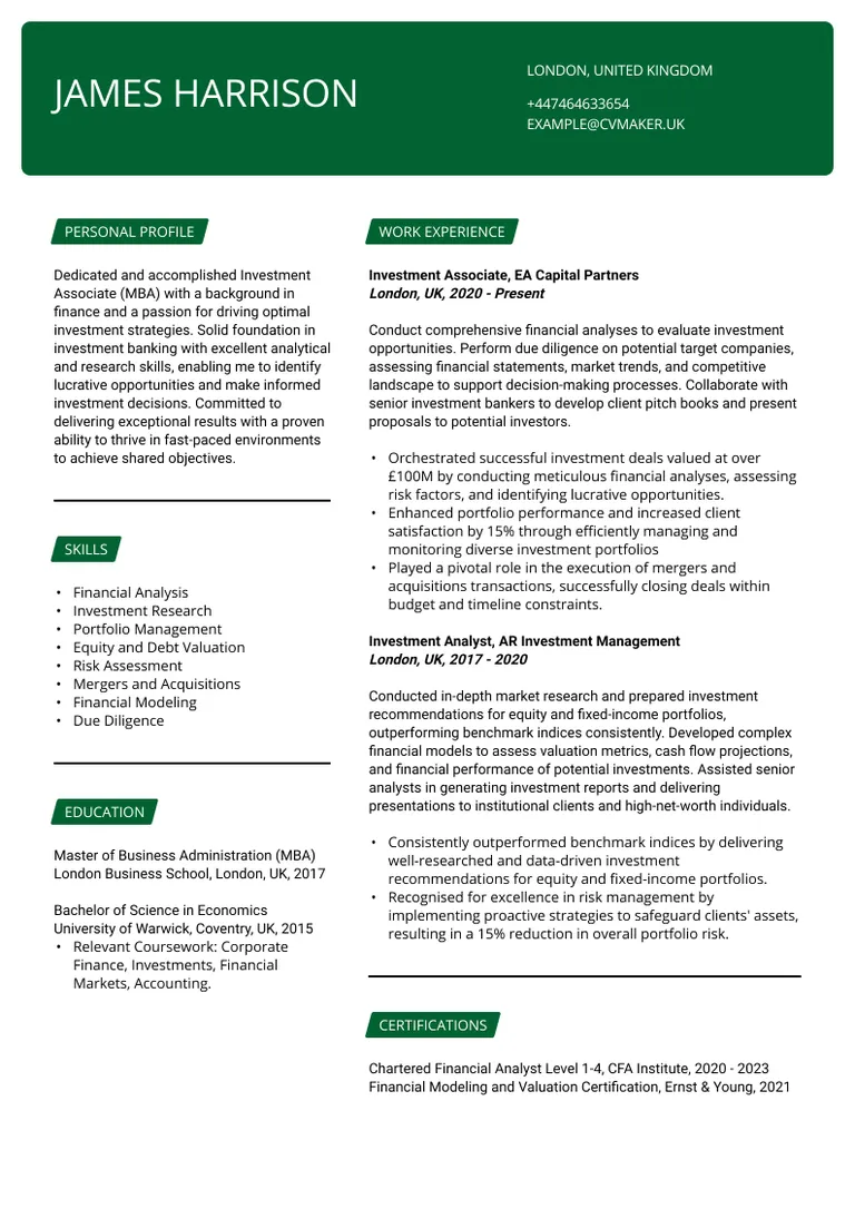 Investment banking CV sample