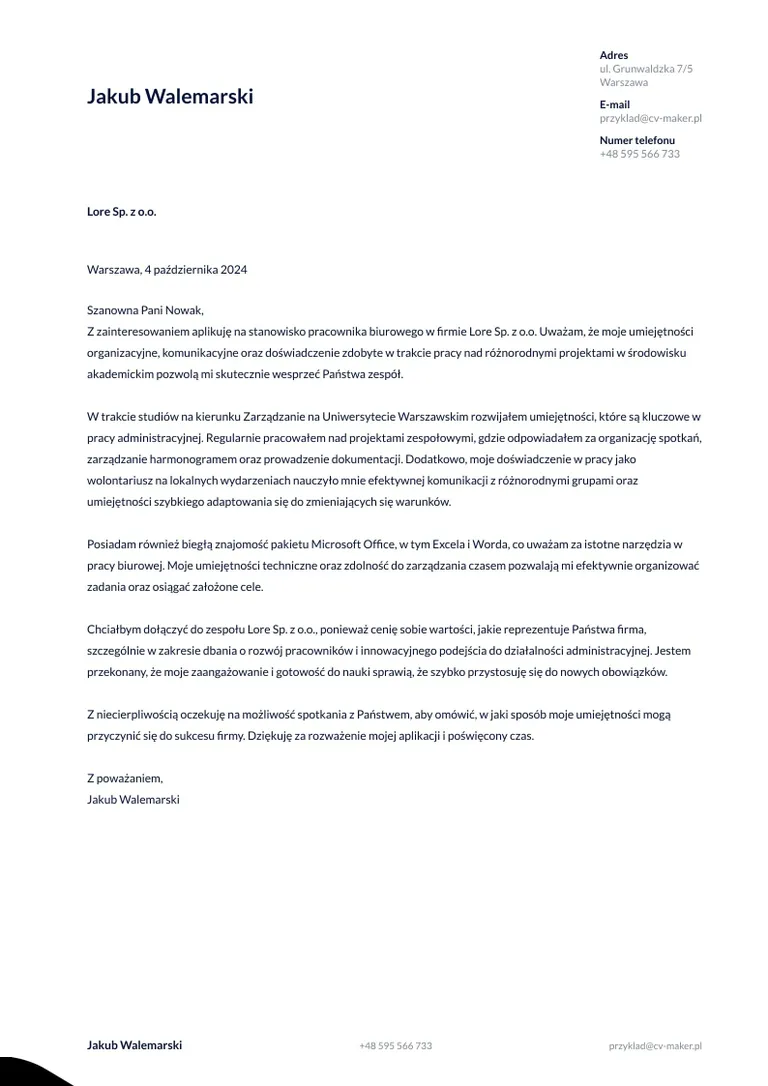 List Motywacyjny Pracownika Biurowego