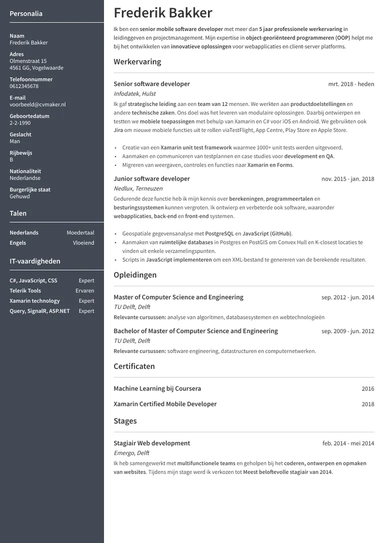 Voorbeeld cv met eerst werkervaring, dan de opleiding