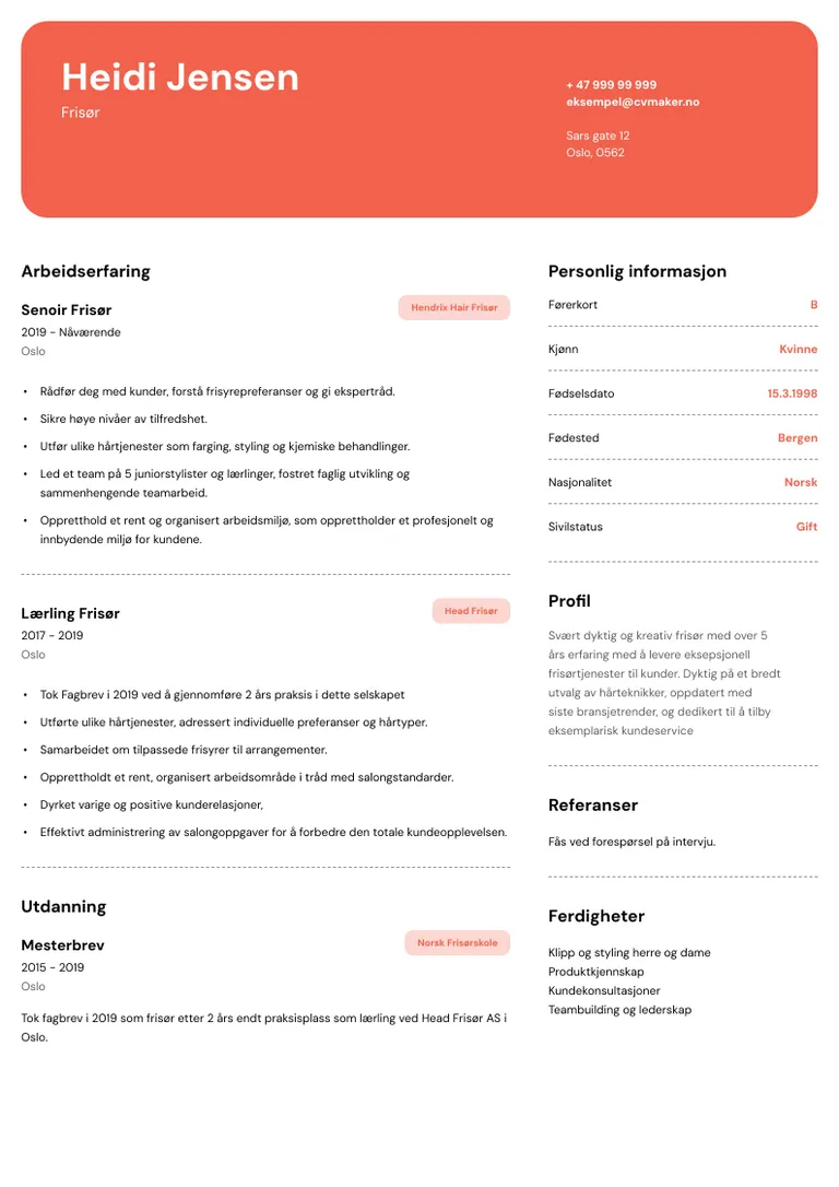 Eksempel på frisør CV