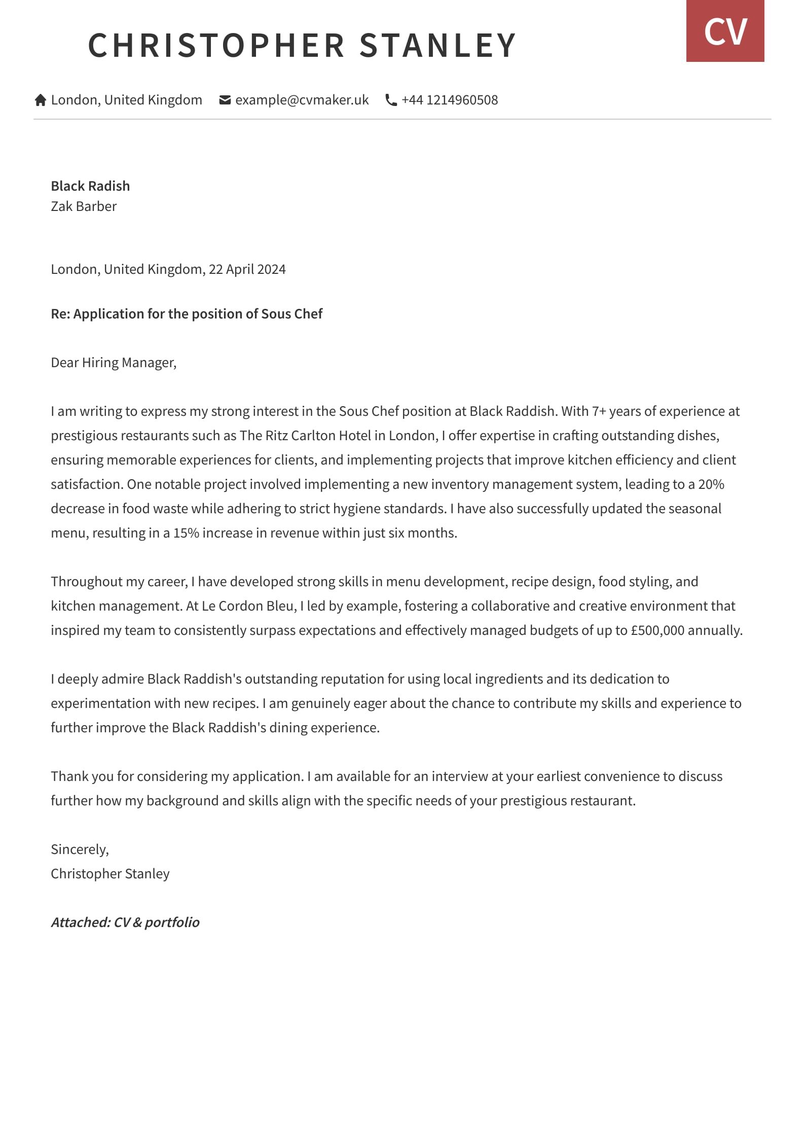 Chef Cover Letter