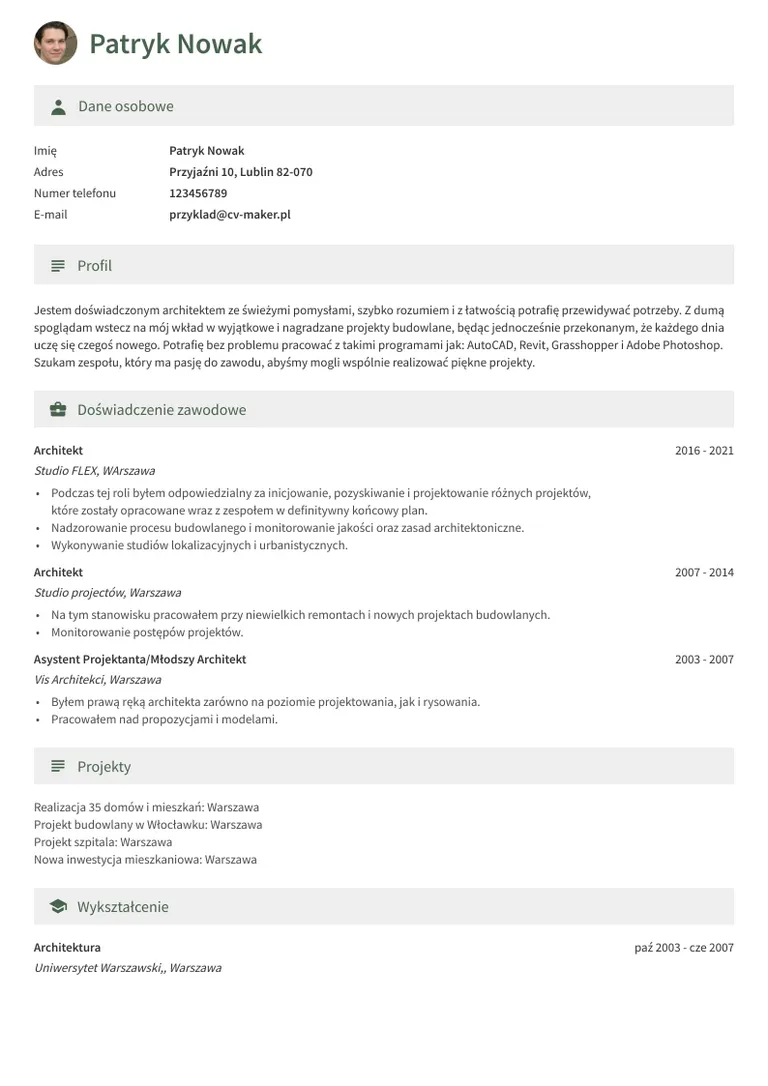 wzory cv arkitekta