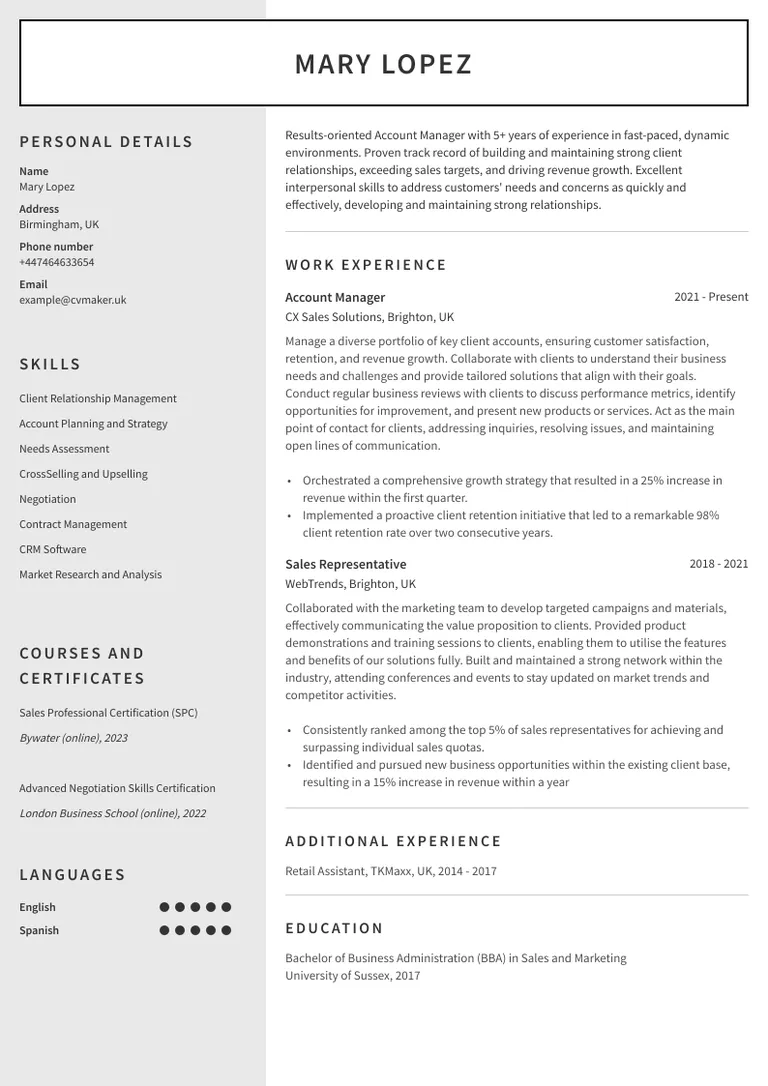 Account Manager CV example