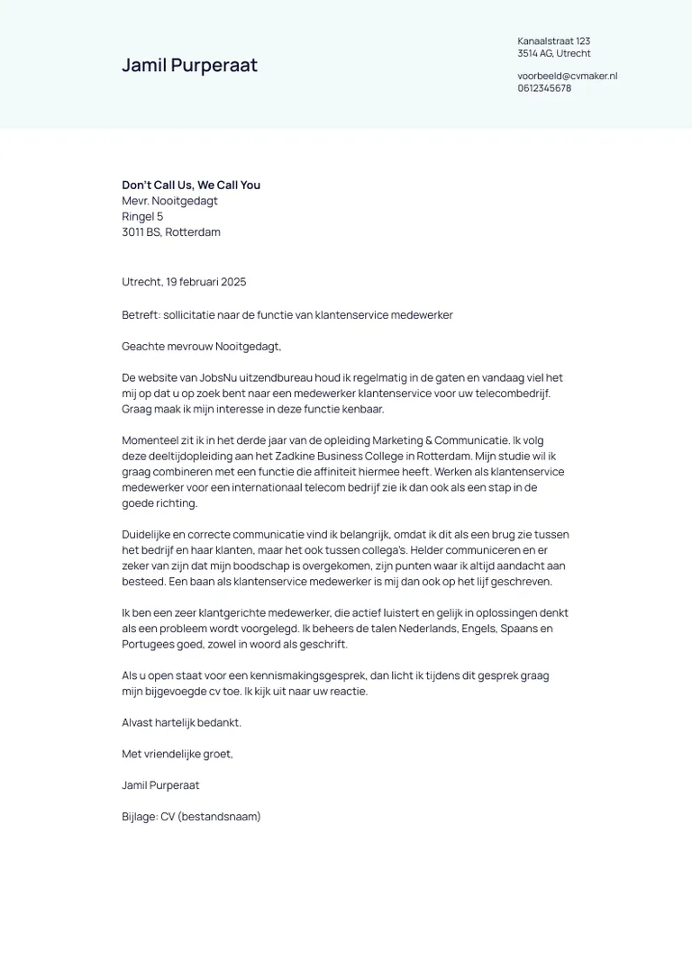 Korte motivatiebrief voorbeeld klantenservice