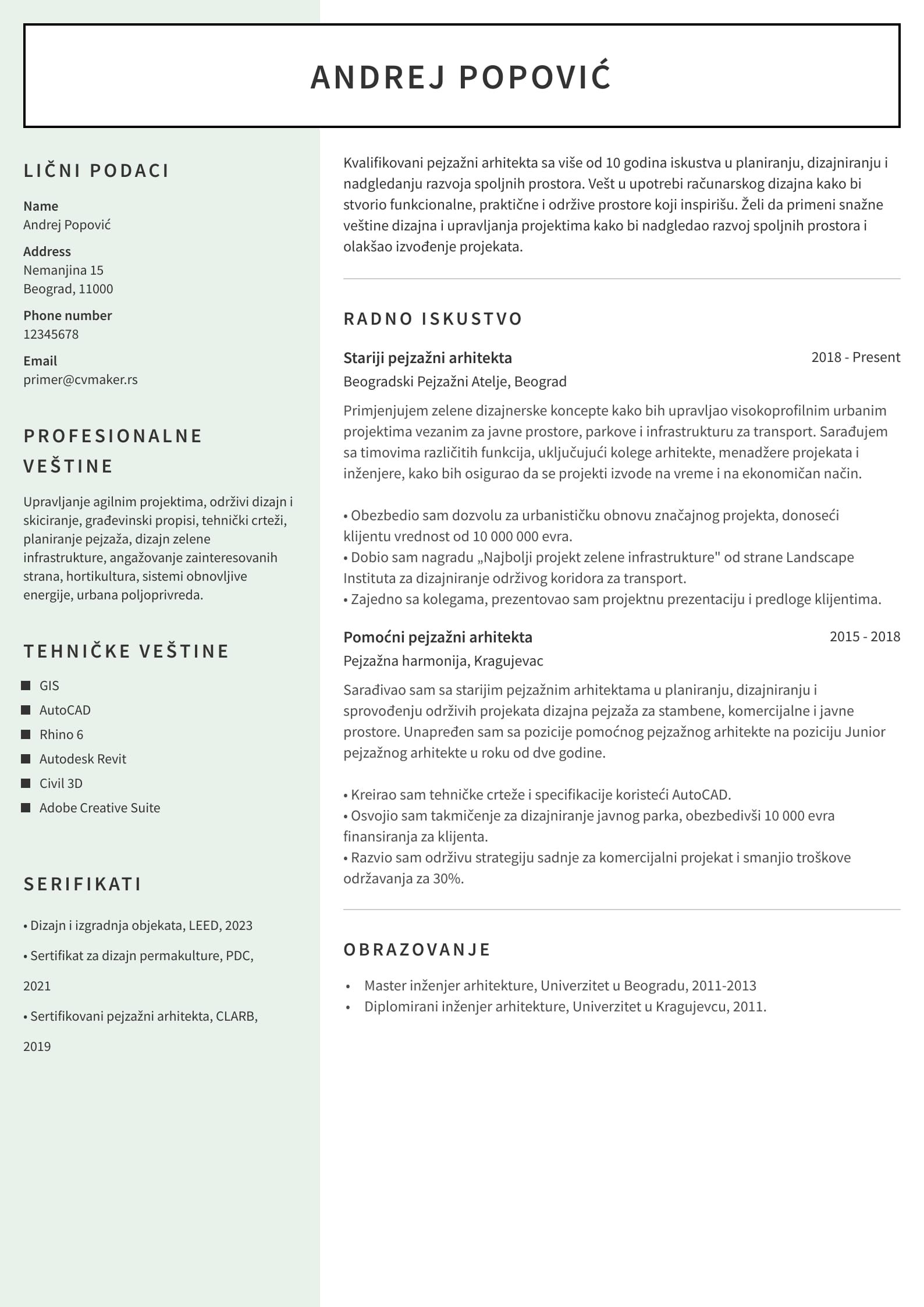 Primer CV-ja za arhitektu