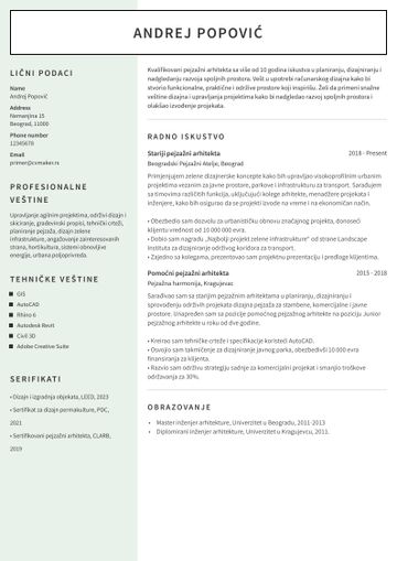 Primer CV-ja za arhitektu