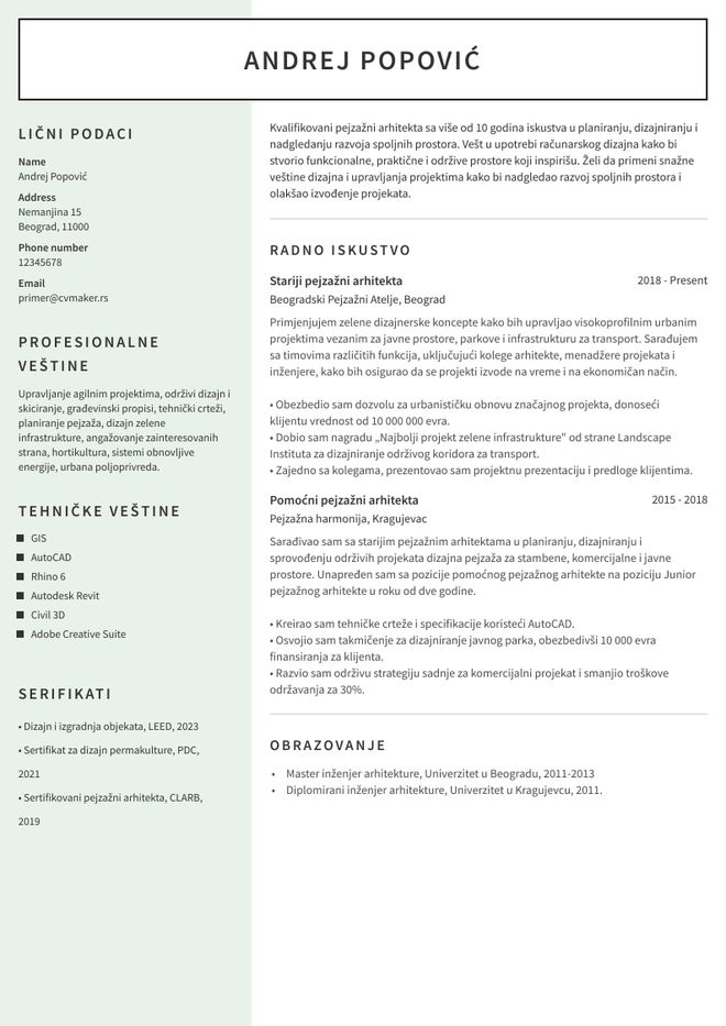 Primer CV-ja za arhitektu
