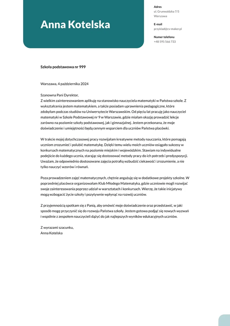 List Motywacyjny Nauczyciela