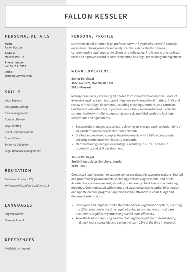 Paralegal CV sample