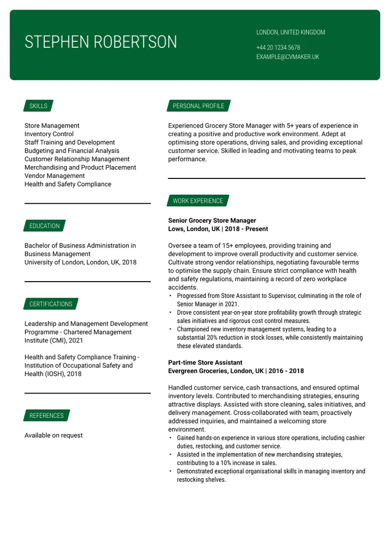 Must-have CV sections for a store manager CV