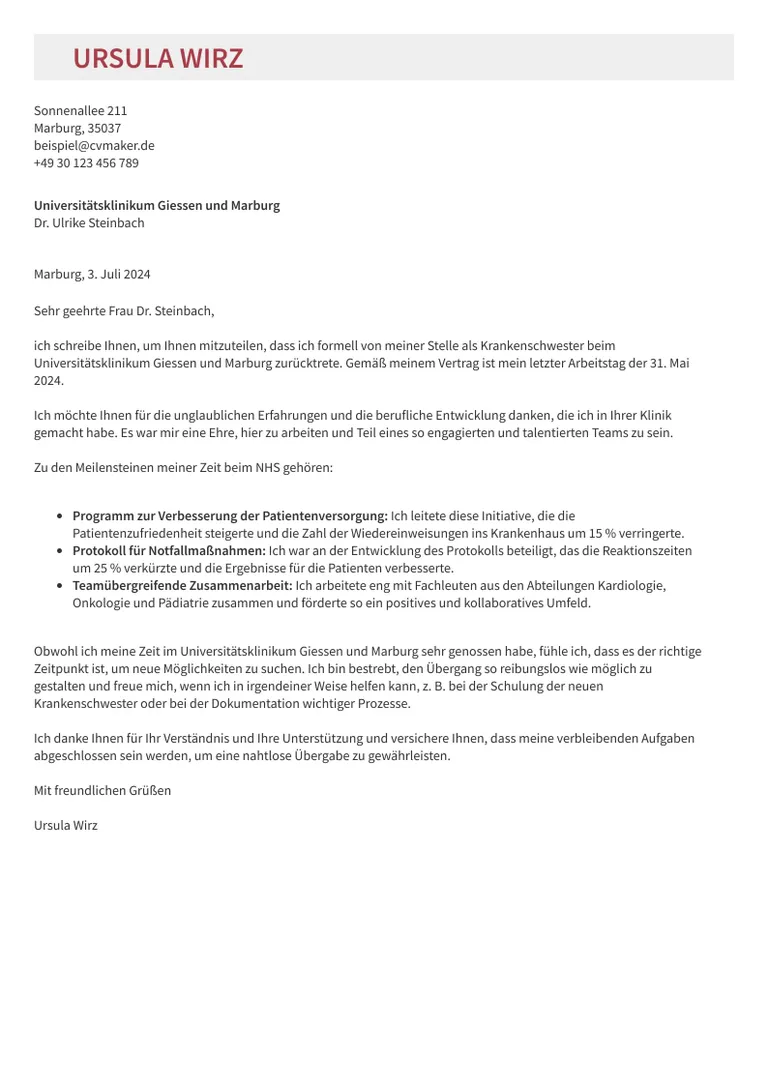 Beispiel Anschreiben Kündigungsschreiben Krankenschwester