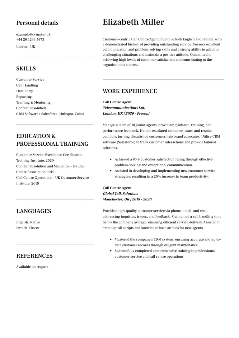 Call centre CV sample