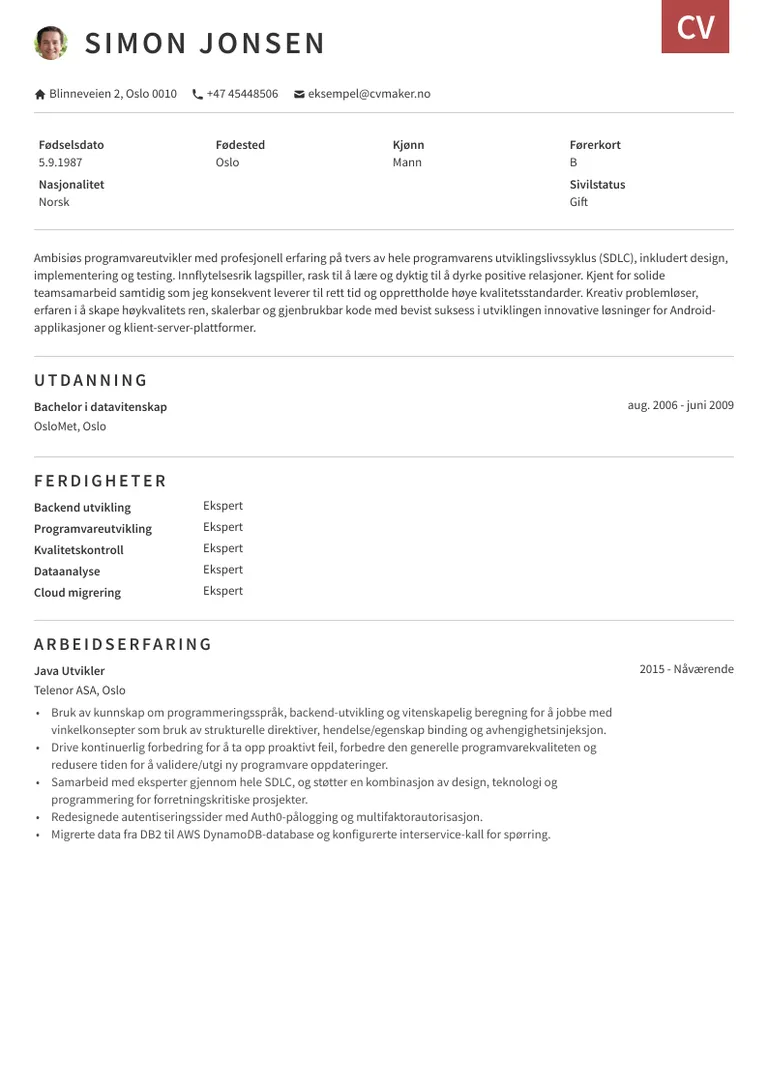 Eksempel på CV for programvareutvikler