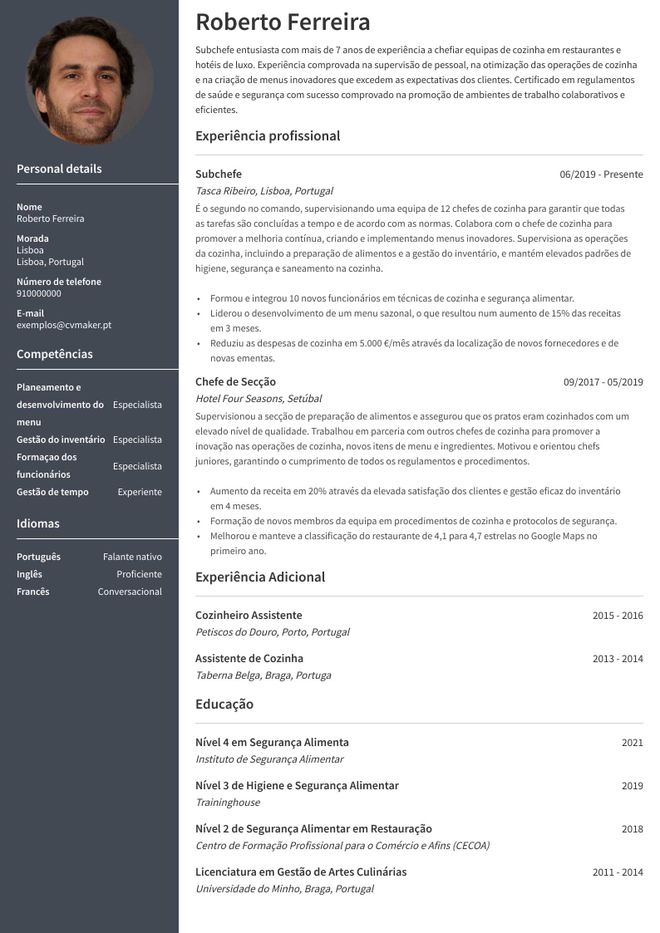 Exemplo de um Curriculum Vitae de chefe de cozinha