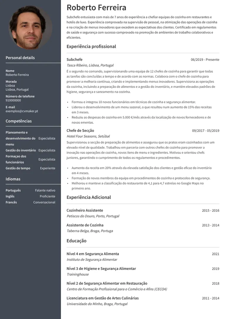 Exemplo de um Curriculum Vitae de chefe de cozinha