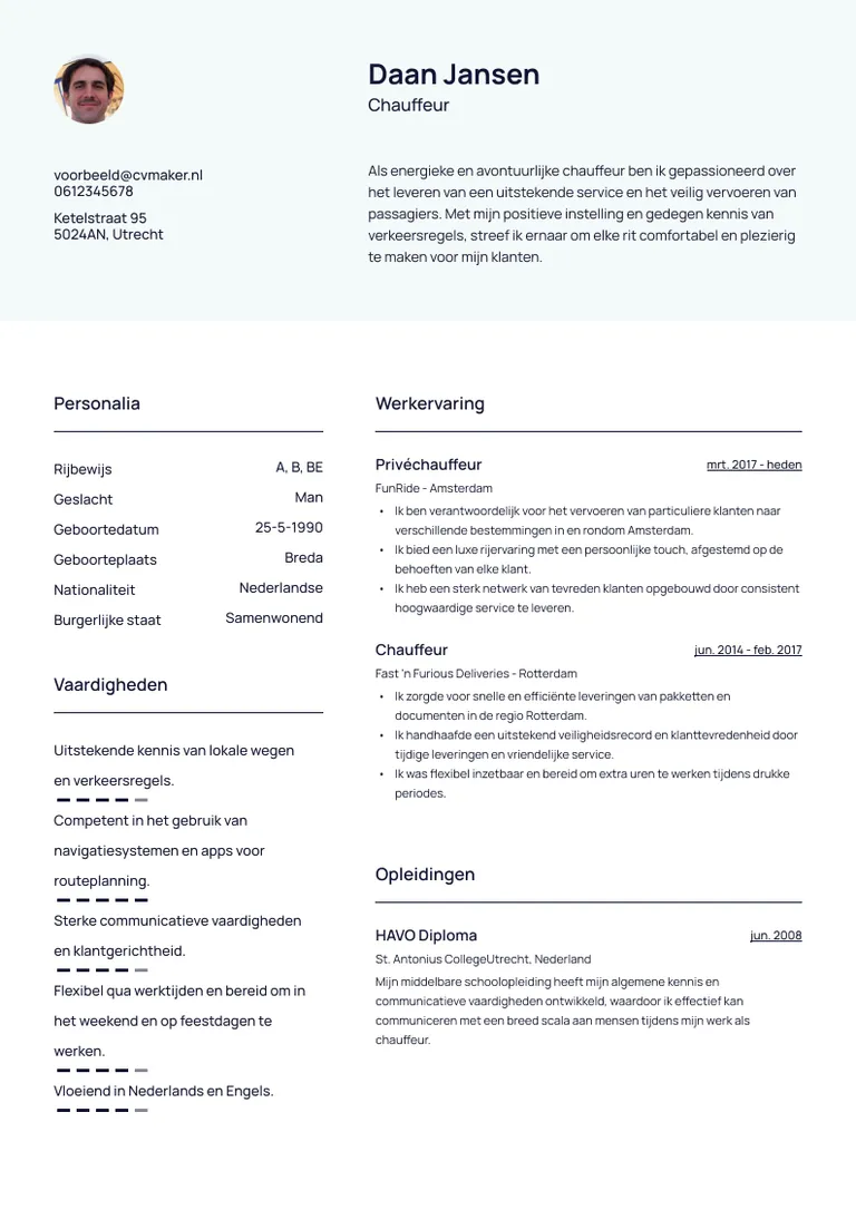 Chauffeur CV Voorbeeld