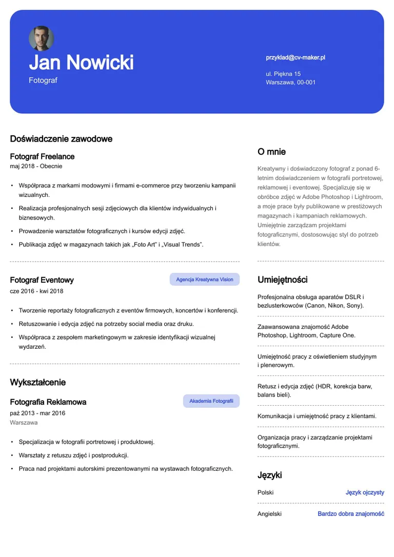 Profesjonalne CV fotografa