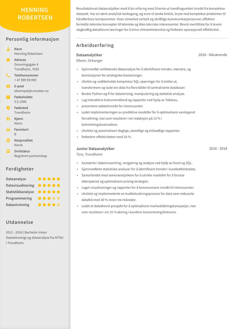 Eksempel på CV for dataanalytiker