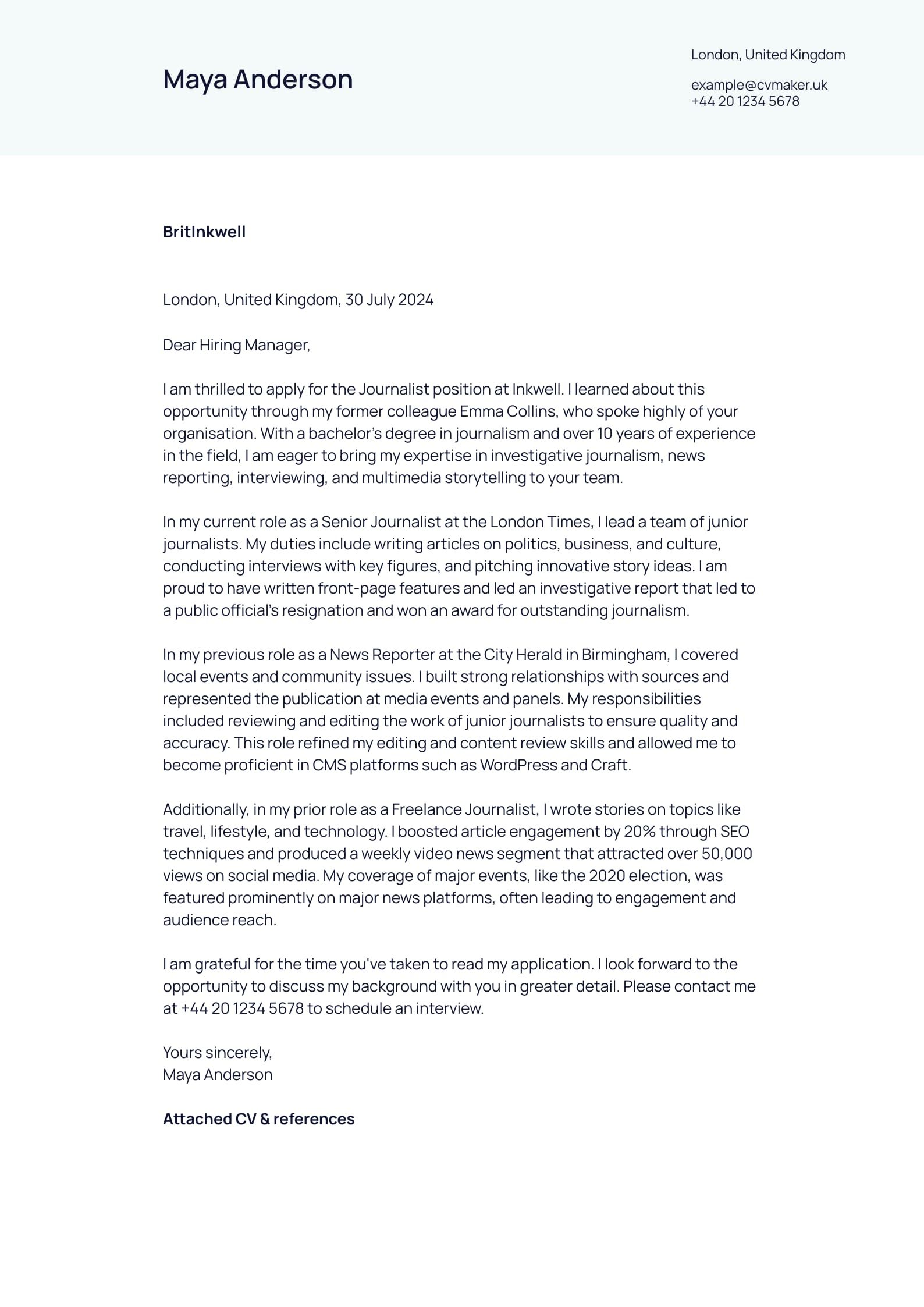Journalist Cover Letter