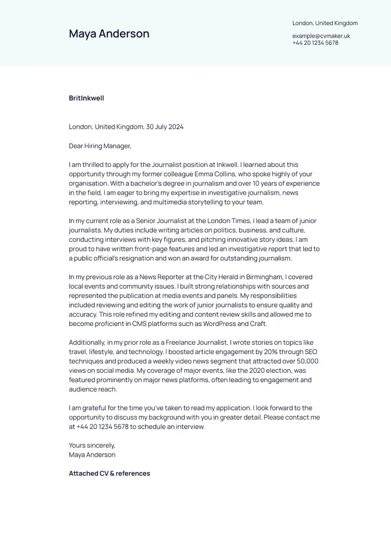 Journalist cover letter example