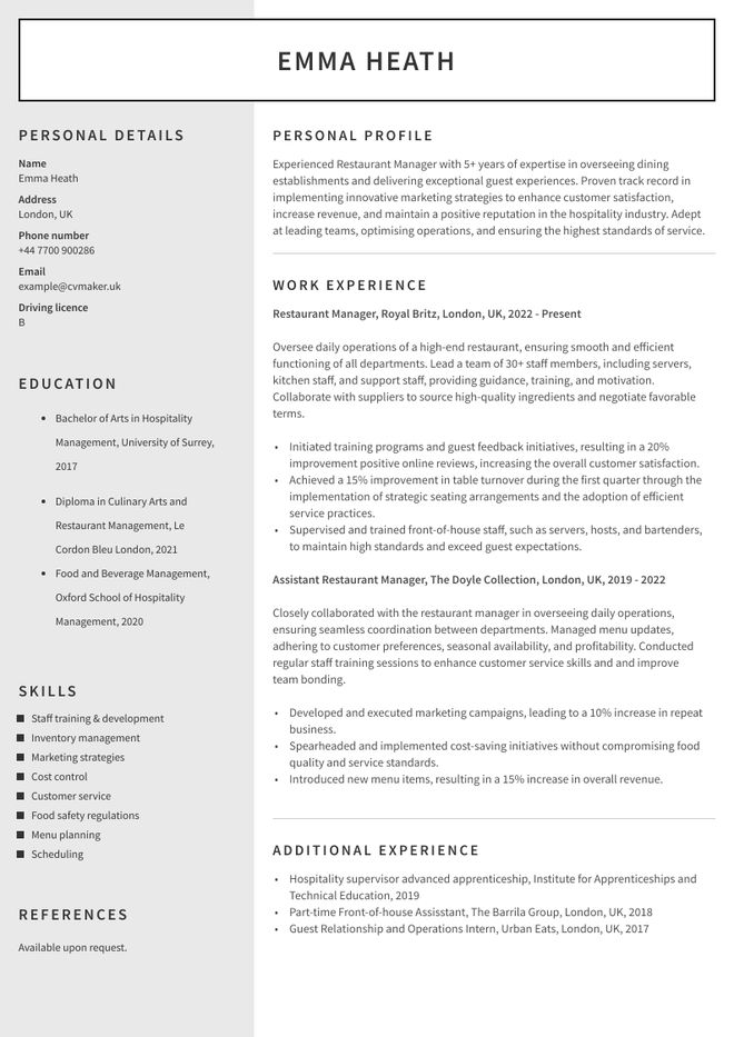 Restaurant Manager CV sample